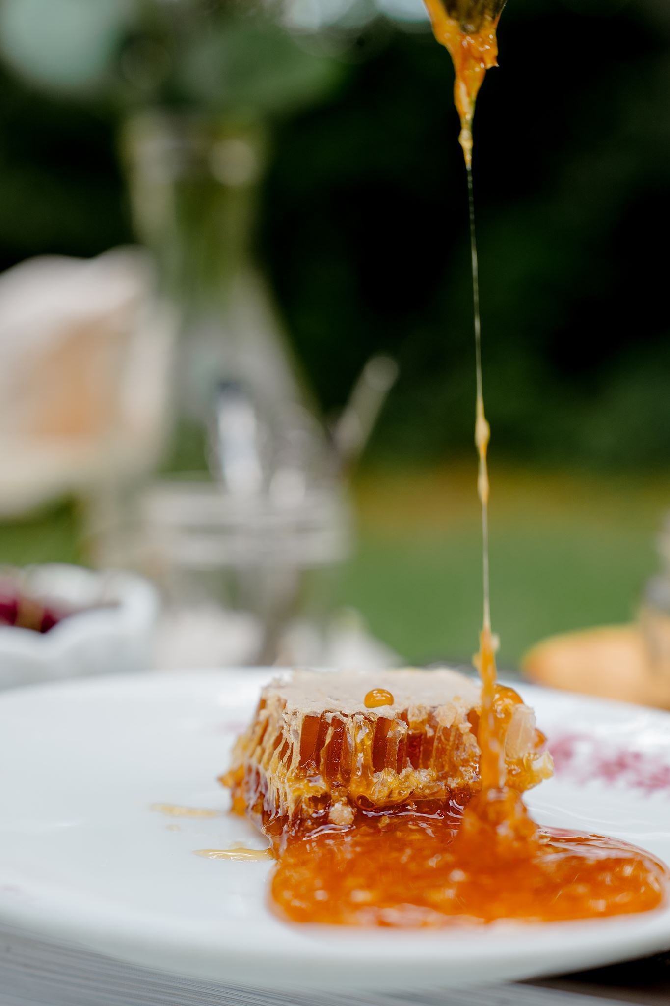 Honey dripping onto a round of raw honeycomb