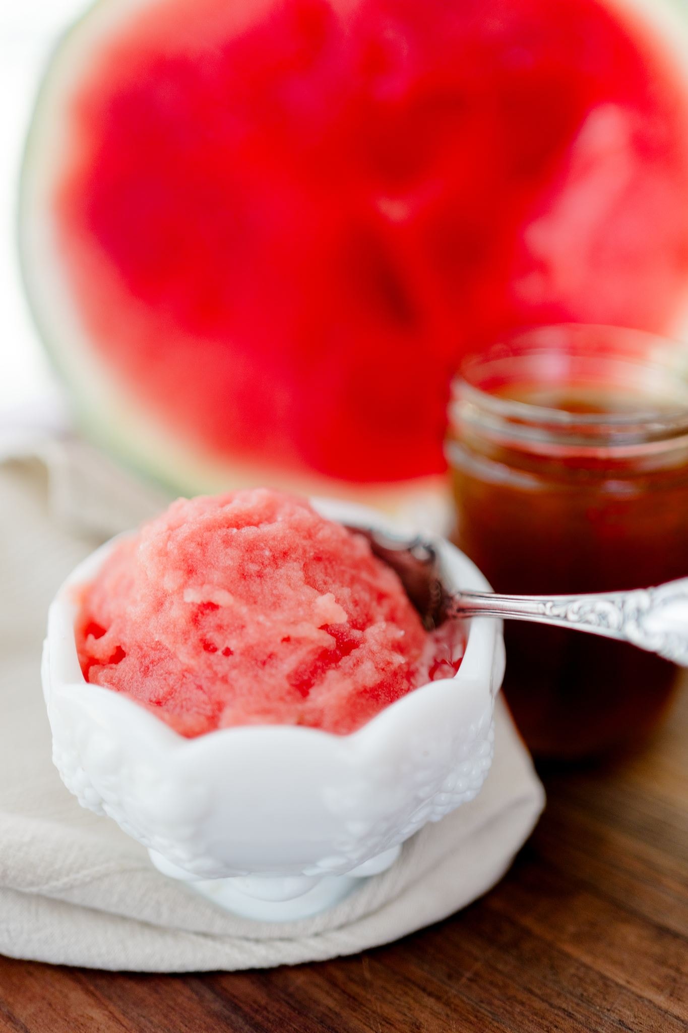 Watermelon sorbet with a jar of Georgia honey